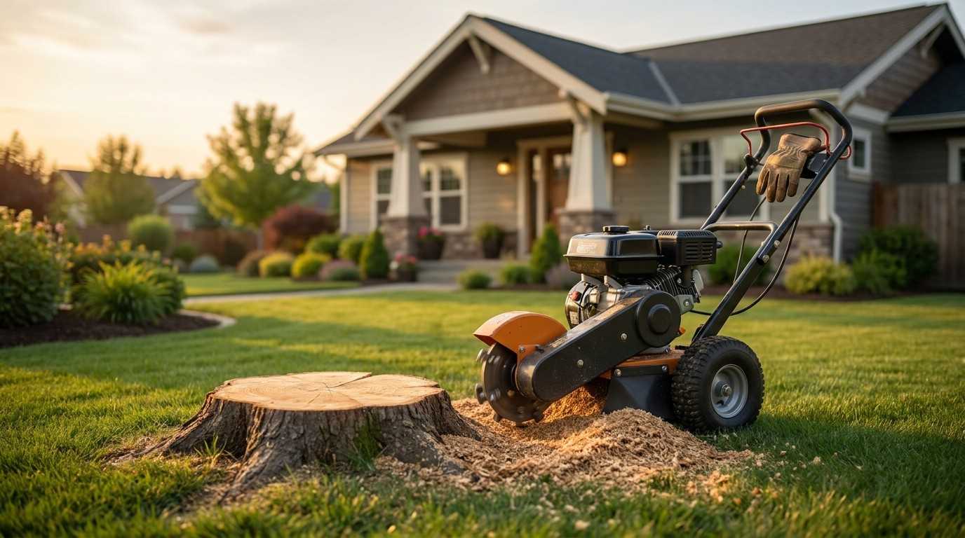 Stump grinding machine removing a large tree stump from a residential lawn in front of a landscaped home.